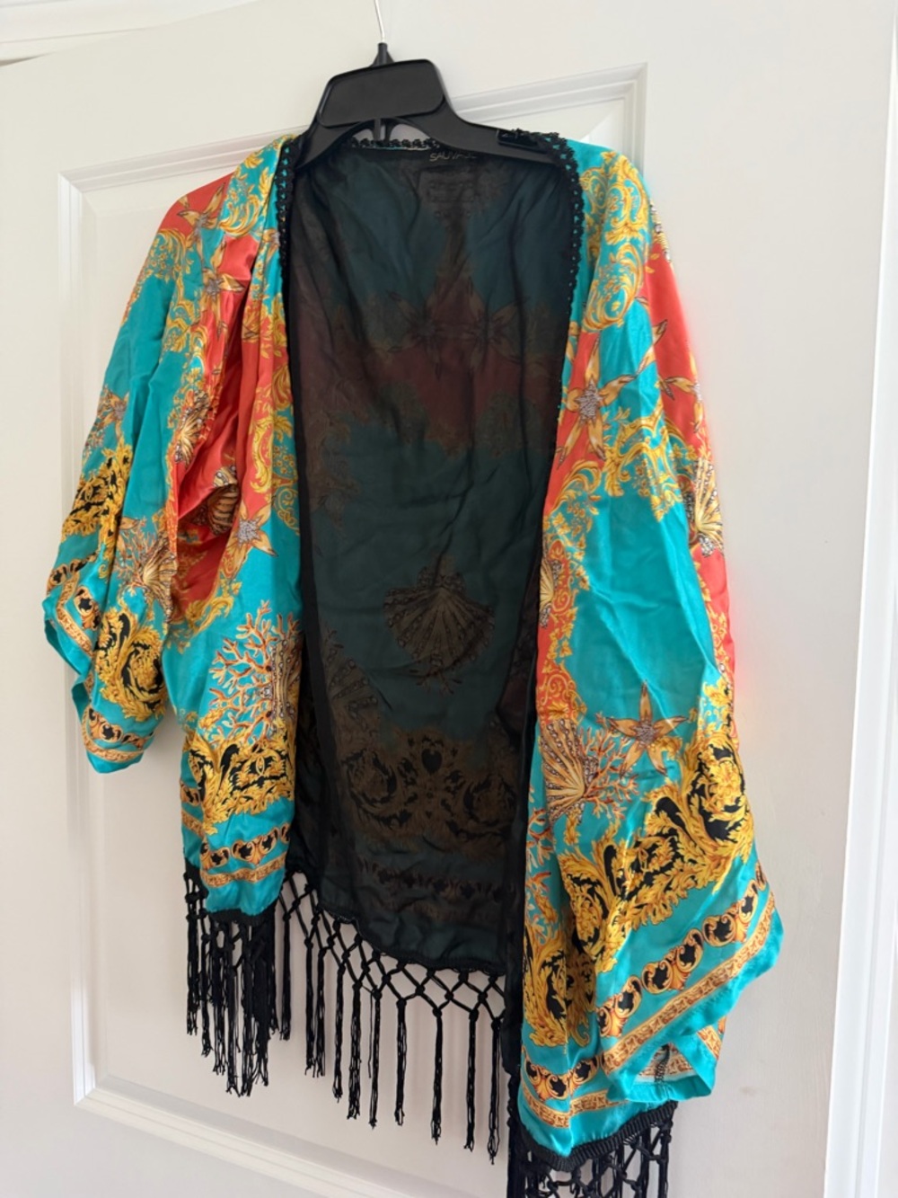 Sauvage Turquoise & Coral Baroque Fringe Kimono Robe